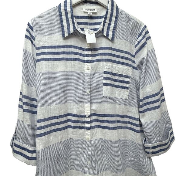 NEW Westport Blue Stripe Top XL Cotton Button Up Roll Sleeve Casual Dressbarn - Picture 2 of 9